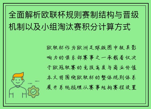 全面解析欧联杯规则赛制结构与晋级机制以及小组淘汰赛积分计算方式 全面解析欧联杯规则赛制结构与晋级机制以及小组淘汰赛积分计算方式